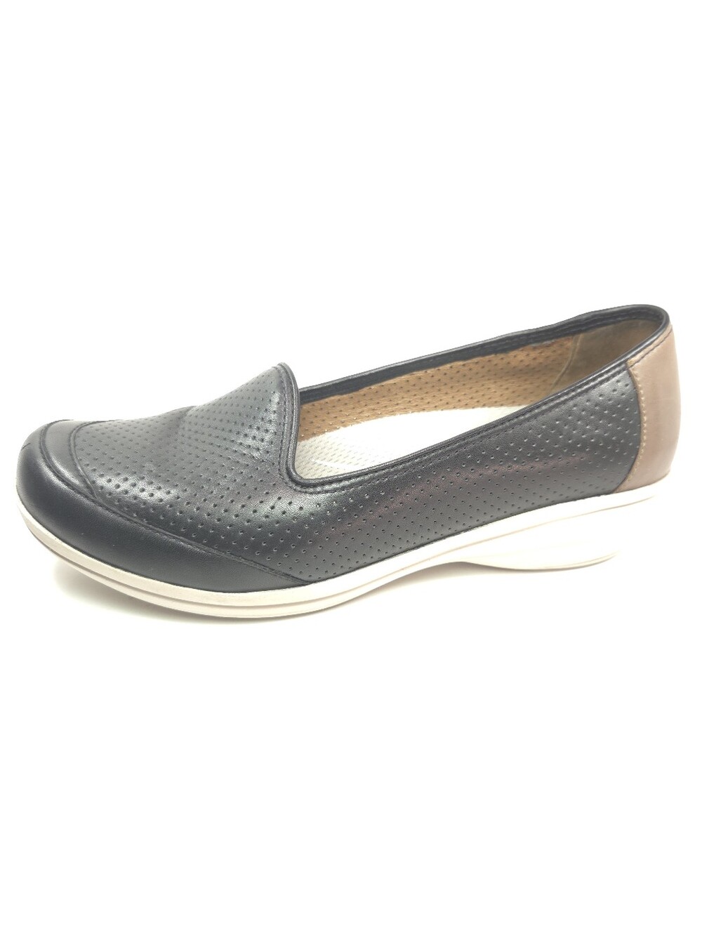Dansko Marjorie Black Leather Perforated Slip‑On Loafers w/ Taupe Heel Sz 10.5